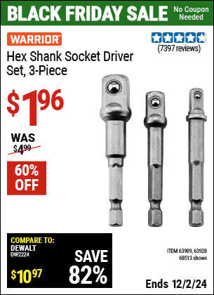 Buy the WARRIOR Hex Shank Socket Driver Set, 3-Piece (Item 68513/63909/63928) for $1.96, valid through 12/2/2024.