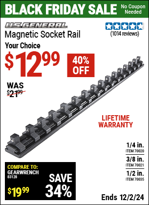 Buy the U.S. GENERAL Magnetic Socket Rail (Item 70021/70020/70035) for $12.99, valid through 12/2/2024.