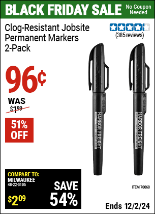 Buy the Clog-Resistant Jobsite Permanent Markers, 2-Pack (Item 70060) for $0.96, valid through 12/2/2024.