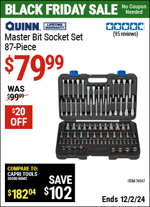 Buy the QUINN Master Bit Socket Set, 87-Piece (Item 70347) for $79.99, valid through 12/2/2024.