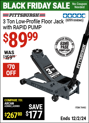 Buy the PITTSBURGH 3 Ton Low-Profile Floor Jack with RAPID PUMP, Slate gray (Item 70482) for $89.99, valid through 12/2/2024.