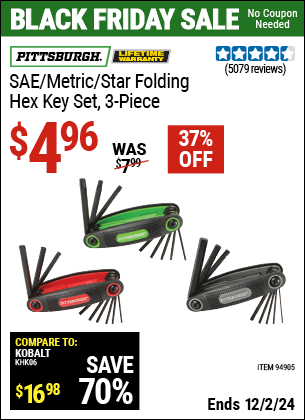 Buy the PITTSBURGH SAE/Metric/Star Folding Hex Key Set, 3 Piece (Item 94905) for $4.96, valid through 12/2/2024.