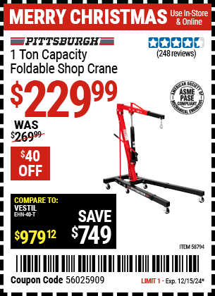 Buy the PITTSBURGH 1 Ton Capacity Foldable Shop Crane (Item 58794) for $229.99, valid through 12/15/2024.