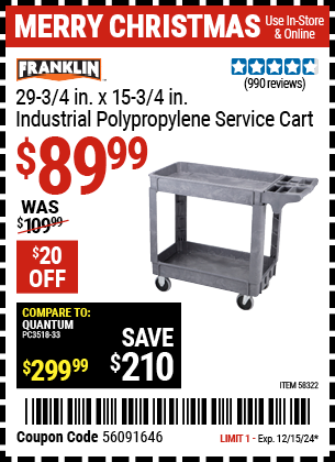 FRANKLIN 29 3 4 in. x 15 3 4 in. Industrial Polypropylene Service Cart for 89.99 Harbor Freight Coupons