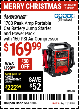 Buy the VIKING 1700 Peak Amp Portable Car Battery Jump Starter and Power Pack with 150 PSI Air Compressor (Item 57085) for $169.99, valid through 12/15/2024.