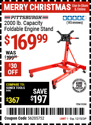 Buy the PITTSBURGH 2000 lb. Capacity Foldable Engine Stand (Item 59200) for $169.99, valid through 12/15/2024.