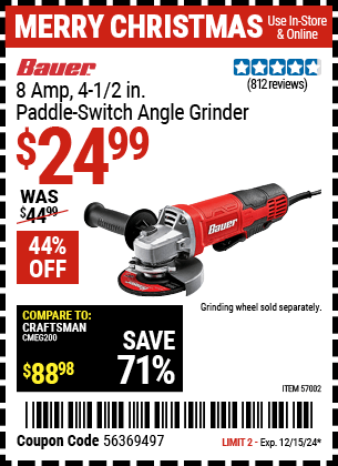 Buy the BAUER 8 Amp 4-1/2 in. Paddle-Switch Angle Grinder (Item 57002) for $24.99, valid through 12/15/2024.