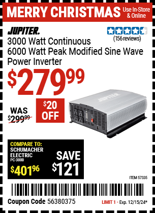 Buy the JUPITER 3000 Watt Continuous/6000 Watt Peak Modified Sine Wave Power Inverter (Item 57335) for $279.99, valid through 12/15/2024.