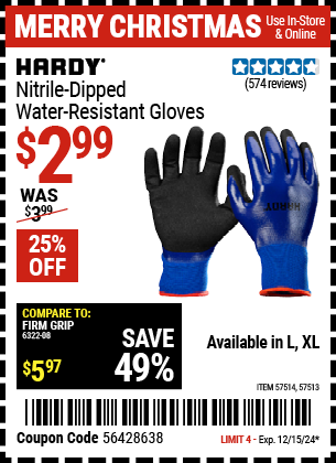 Buy the HARDY Nitrile-Dipped Water-Resistant Gloves, Large (Item 57513/57514) for $2.99, valid through 12/15/2024.