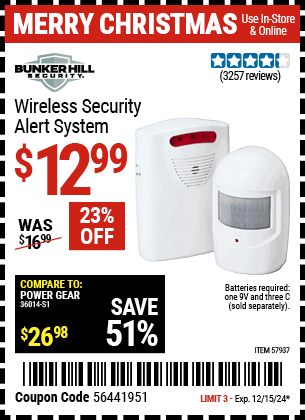 Buy the BUNKER HILL SECURITY Wireless Security Alert System (Item 57937) for $12.99, valid through 12/15/2024.