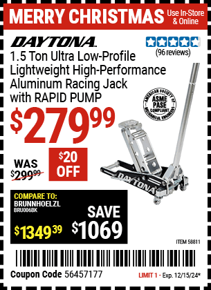 Buy the DAYTONA 1.5 Ton Ultra-Low-Profile Lightweight High-Performance Aluminum Racing Jack with RAPID PUMP (Item 58811) for $279.99, valid through 12/15/2024.