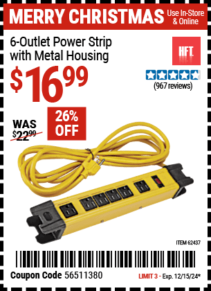 Buy the HFT 6-Outlet Power Strip with Metal Housing, Yellow (Item 62437) for $16.99, valid through 12/15/2024.