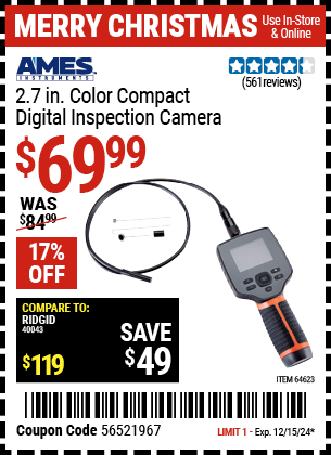 Buy the AMES INSTRUMENTS 2.7 in. Color Compact Digital Inspection Camera (Item 64623) for $69.99, valid through 12/15/2024.