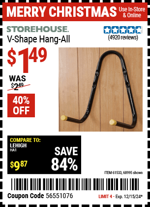 Buy the STOREHOUSE V-Shape Hang-All (Item 68995/61533) for $1.49, valid through 12/15/2024.