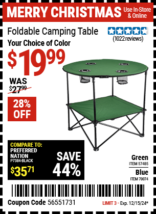 Buy the Foldable Camping Table (Item 57485/70074) for $19.99, valid through 12/15/2024.