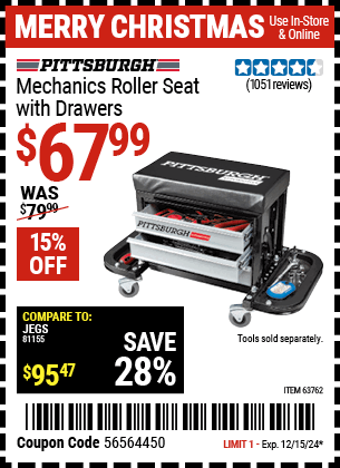 Buy the PITTSBURGH AUTOMOTIVE Mechanics Roller Seat with Drawers (Item 63762) for $67.99, valid through 12/15/2024.