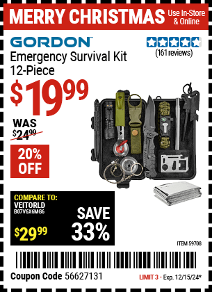 Buy the GORDON Emergency Survival Kit, 12-Piece (Item 59708) for $19.99, valid through 12/15/2024.