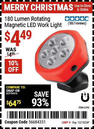 Buy the 180 Lumen Rotating Magnetic LED Work Light (Item 63766) for $4.49, valid through 12/15/2024.