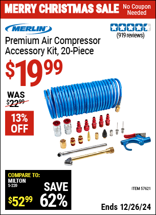 Buy the MERLIN Premium Air Compressor Accessory Kit, 20-Piece (Item 57621) for $19.99, valid through 1/9/2025.