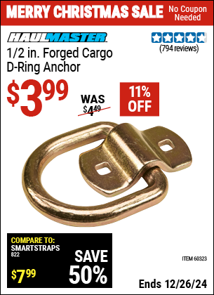 Buy the HAUL-MASTER 1/2 in. Forged Cargo D-Ring Anchor (Item 60323) for $3.99, valid through 1/9/2025.