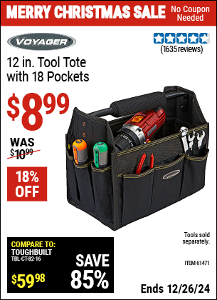 Buy the VOYAGER 12 in. Tool Tote with 18 Pockets (Item 61471) for $8.99, valid through 1/9/2025.