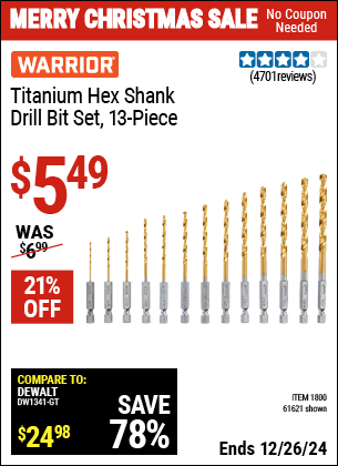 Buy the WARRIOR Titanium Hex Shank Drill Bit Set, 13-Piece (Item 61621/1800) for $5.49, valid through 1/9/2025.