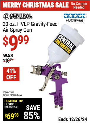 Buy the CENTRAL PNEUMATIC 20 oz. HVLP Gravity Feed Air Spray Gun (Item 62300/47016/67181) for $9.99, valid through 1/9/2025.