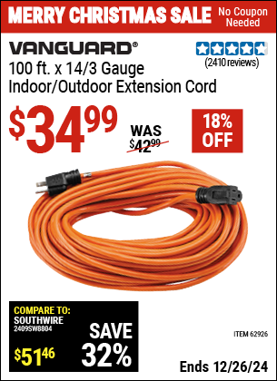 Buy the VANGUARD 100 ft. x 14/3 Gauge Indoor/Outdoor Extension Cord, Orange (Item 62926) for $34.99, valid through 1/9/2025.