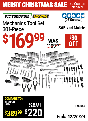 Buy the PITTSBURGH Mechanics Tool Set, 301 Piece (Item 63464) for $169.99, valid through 1/9/2025.