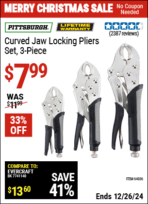 Buy the PITTSBURGH Curved Jaw Locking Pliers Set, 3 Piece (Item 64036) for $7.99, valid through 1/9/2025.