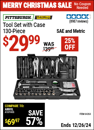 Buy the PITTSBURGH Tool Set with Case, 130 Piece (Item 64263) for $29.99, valid through 1/9/2025.