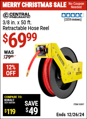 Buy the CENTRAL PNEUMATIC 3/8 in. x 50 Ft. Retractable Hose Reel (Item 93897) for $69.99, valid through 1/9/2025.