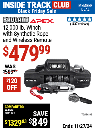 Buy the BADLAND APEX 12,000 lb. Winch with Synthetic Rope and Wireless Remote (Item 56385) for $479.99, valid through 11/27/2024.