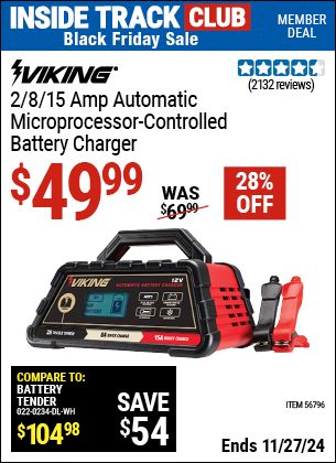 Buy the VIKING 2/8/15 Amp Automatic Microprocessor Controlled Battery Charger (Item 56796) for $49.99, valid through 11/27/2024.