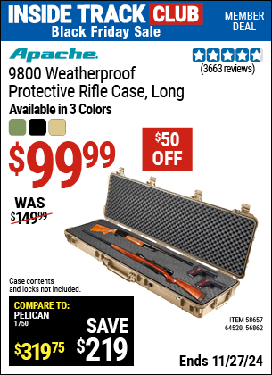 Buy the APACHE 9800 Weatherproof Protective Rifle Case, Long (Item 56862/58657/64520) for $99.99, valid through 11/27/2024.