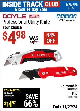 Buy the DOYLE Utility Knife (Item 57107/57108) for $4.98, valid through 11/27/2024.