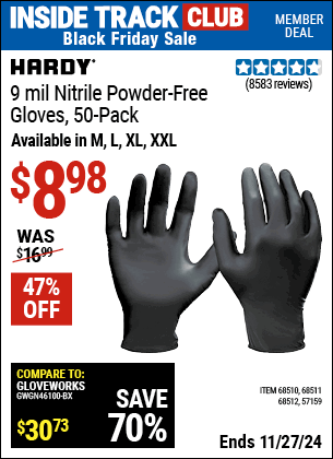 Buy the HARDY 9 mil Nitrile Powder-Free Gloves, 50-Pack (Item 57159/68510/68511/68512) for $8.98, valid through 11/27/2024.