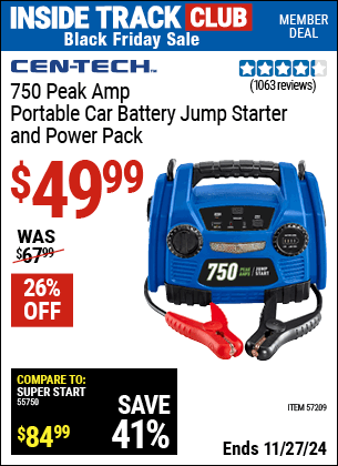 Buy the CEN-TECH 750 Peak Amp Portable Car Battery Jump Starter and Power Pack (Item 57209) for $49.99, valid through 11/27/2024.