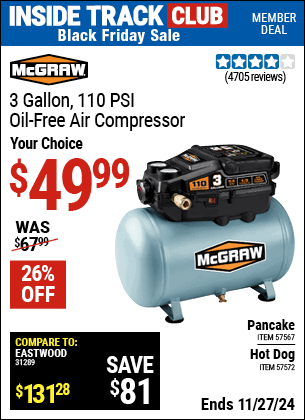 Buy the MCGRAW 3 Gallon, 110 PSI Oil-Free Light-Duty Air Compressor (Item 57572/57567) for $49.99, valid through 11/27/2024.