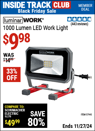 Buy the LUMINAR WORK 1000 Lumen LED Work Light (Item 57945) for $9.98, valid through 11/27/2024.