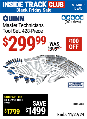 Buy the QUINN Master Technicians Tool Set, 428 Piece (Item 58154) for $299.99, valid through 11/27/2024.