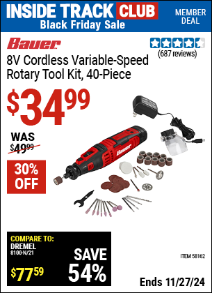 Buy the BAUER 8V Cordless Variable Speed Rotary Tool Kit, 40 Piece (Item 58162) for $34.99, valid through 11/27/2024.