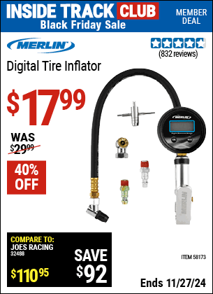 Buy the MERLIN Digital Tire Inflator (Item 58173) for $17.99, valid through 11/27/2024.