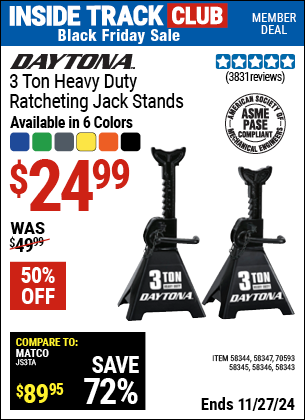 Buy the DAYTONA 3 Ton Heavy Duty Ratcheting Jack Stands (Item 58343/58344/58345/58346/58347/70593/71189) for $24.99, valid through 11/27/2024.