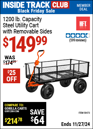 Buy the HFT 1200 lb. Capacity Steel Utility Cart with Removable Sides (Item 58473) for $149.99, valid through 11/27/2024.