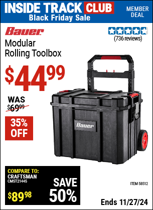 Buy the BAUER Modular Rolling Toolbox (Item 58512) for $44.99, valid through 11/27/2024.