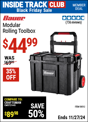 Buy the BAUER Modular Rolling Toolbox (Item 58512) for $44.99, valid through 11/27/2024.