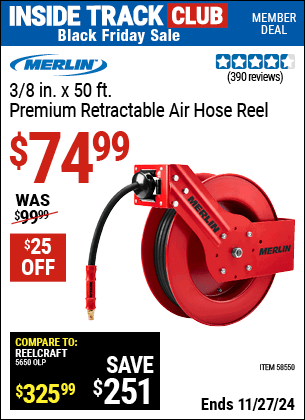 Buy the MERLIN 3/8 in. x 50 Ft. Premium Retractable Air Hose Reel (Item 58550) for $74.99, valid through 11/27/2024.