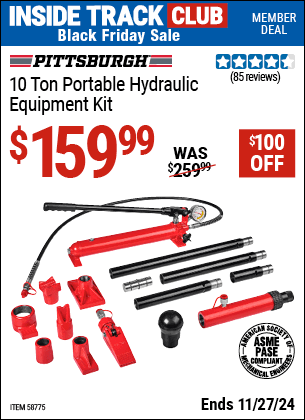 Buy the PITTSBURGH 10 Ton Portable Hydraulic Equipment Kit (Item 58775) for $159.99, valid through 11/27/2024.