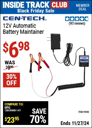 Buy the CEN-TECH 12V Automatic Battery Maintainer (Item 59000) for $6.98, valid through 11/27/2024.